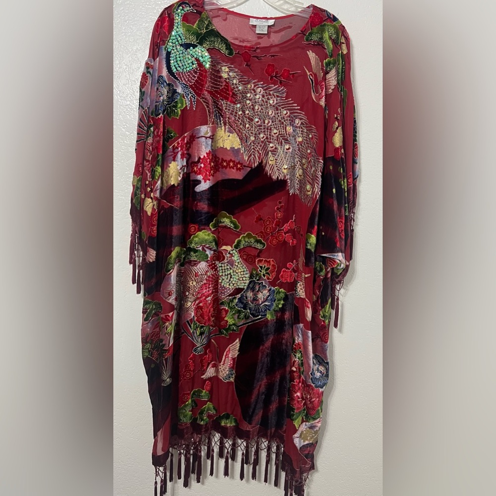 Anía A USA Red Peacock Embellished Kimono Tunic Fringe Boho Festival Lagenlook